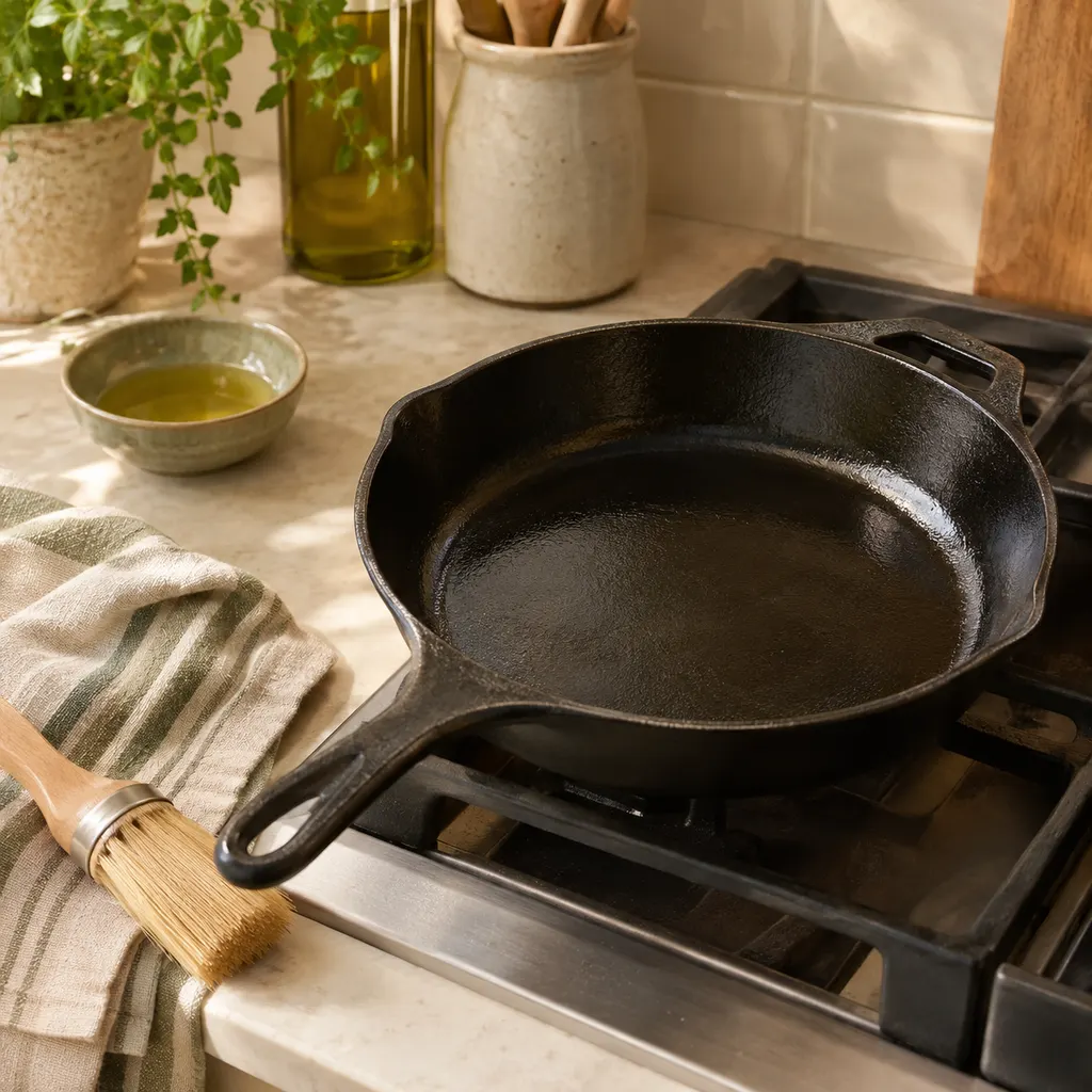 Freshly oiled skillet on a stovetop after cleaning cast iron cookware with a brush and towel
