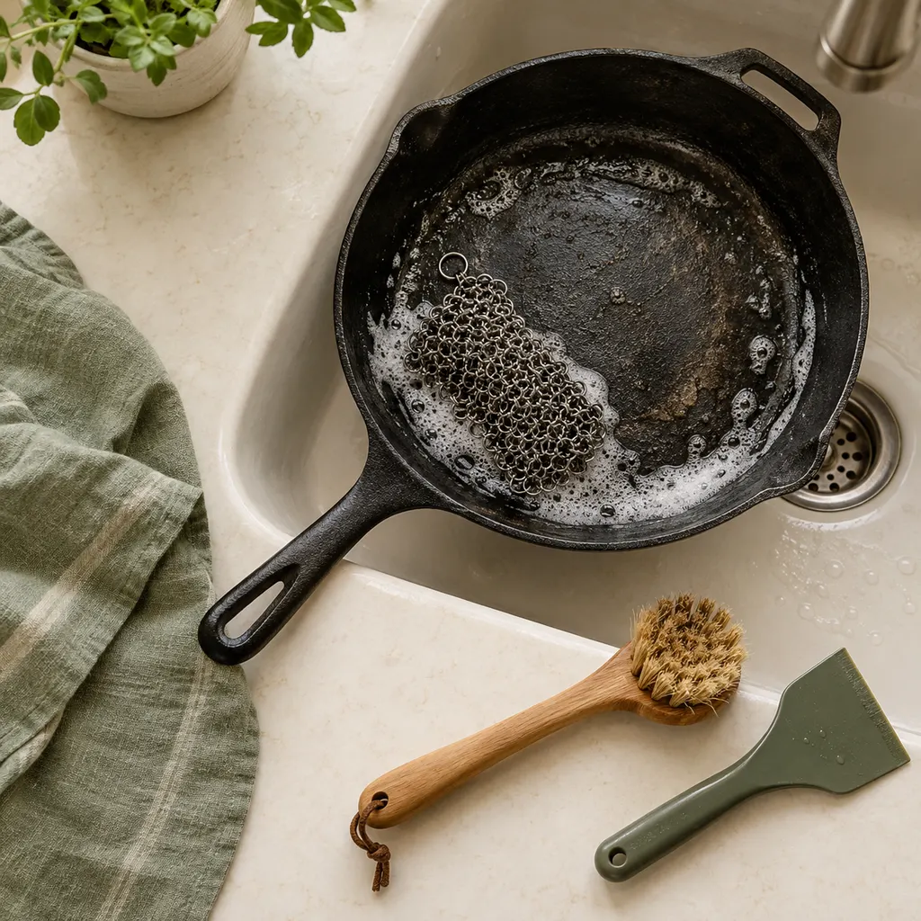 Chainmail scrubber, brush and pan scraper laid out beside an empty cast iron skillet