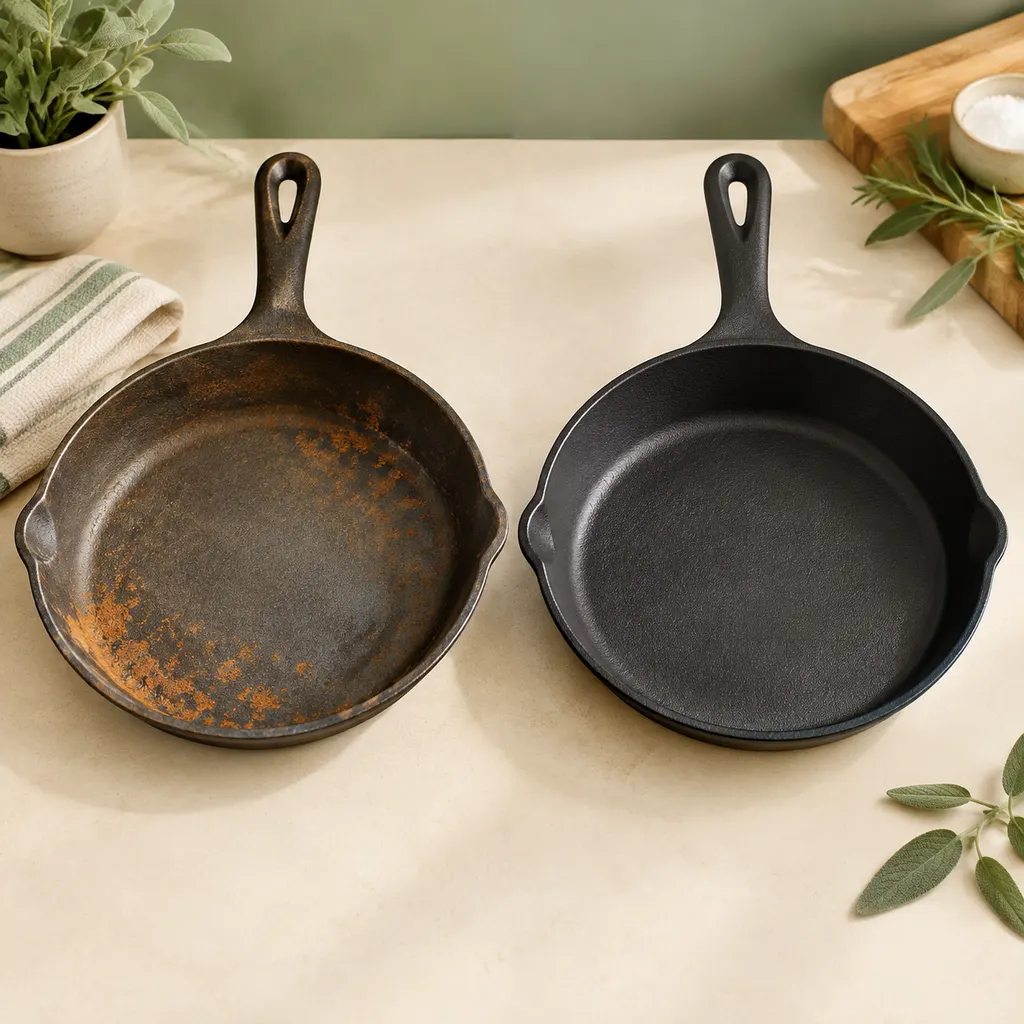 Rusty cast iron skillet next to a restored skillet with an even matte black finish
