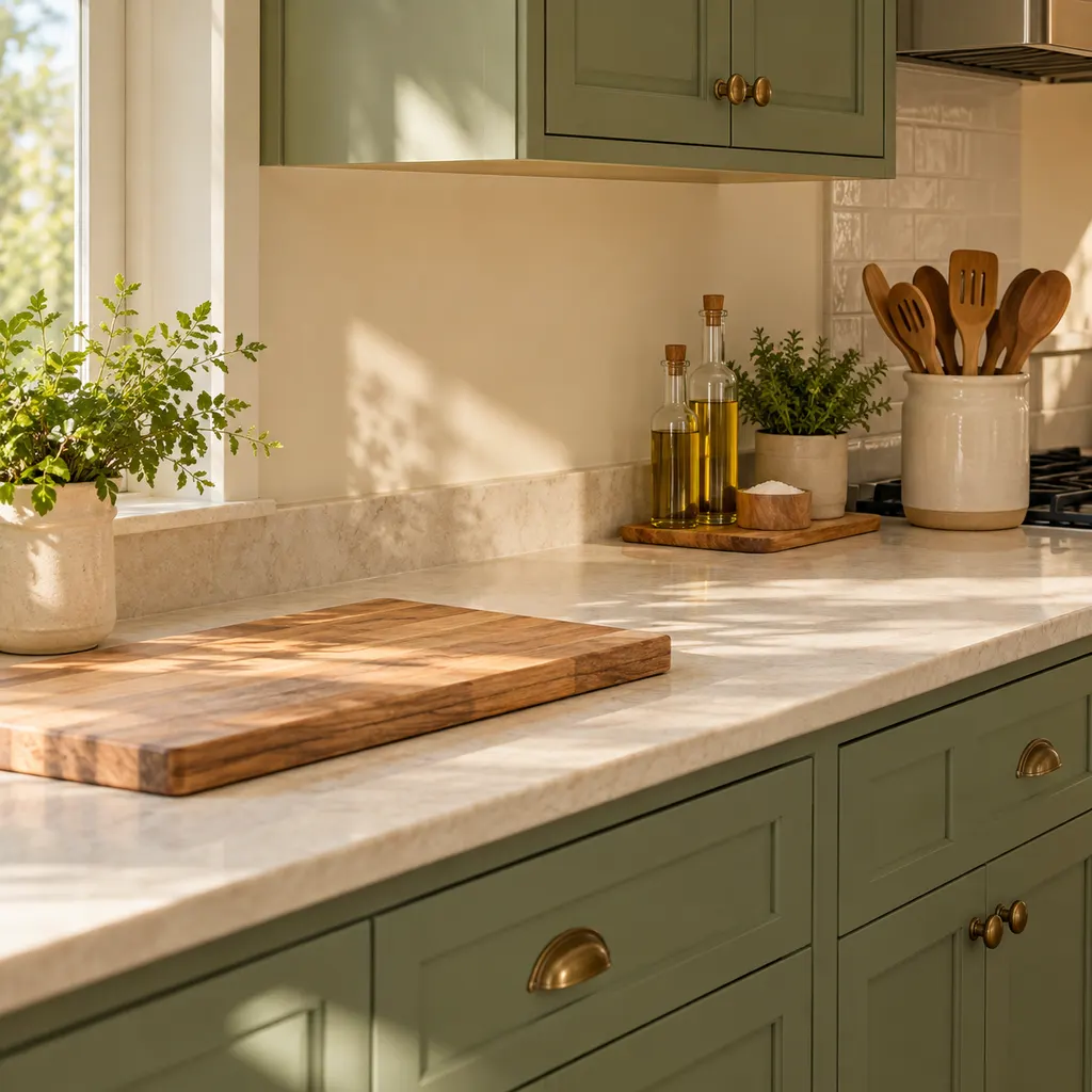 Kitchen counter organization with a clear prep area and a tray of cooking essentials beside the stove