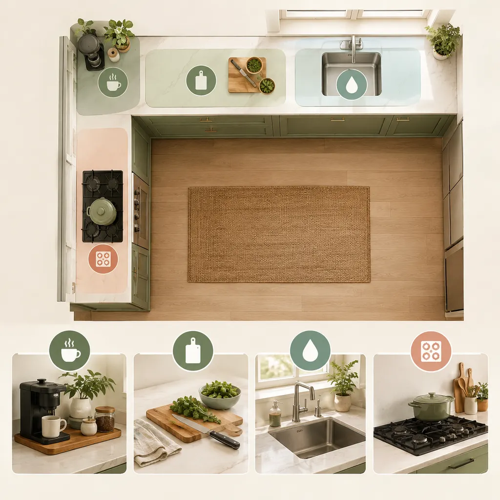 Overhead diagram of countertop zones around the stove, sink, coffee corner and an empty prep area