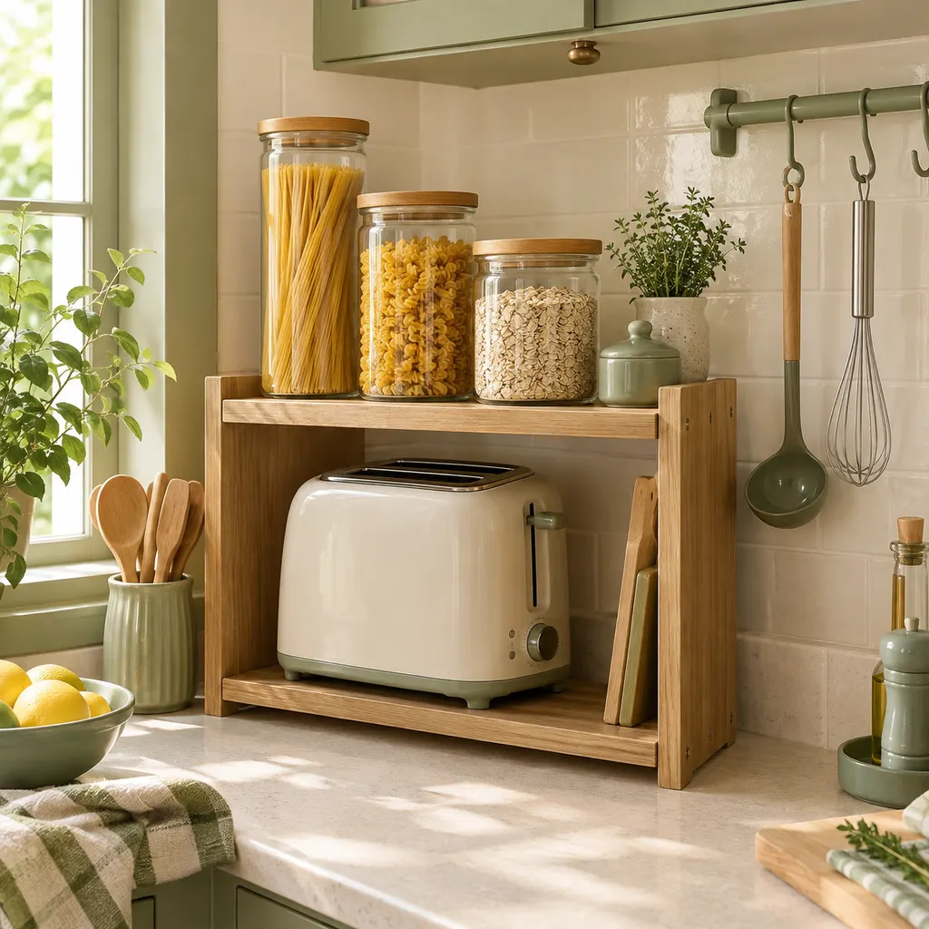 Shelf riser with plain glass canisters above a toaster and a wall rail with hanging utensils