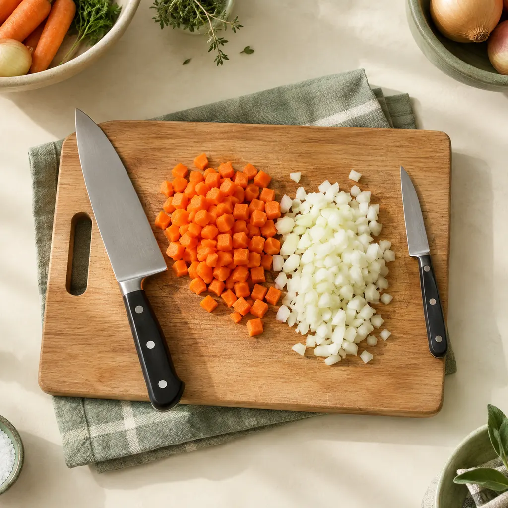 Knife skills setup with a chef's knife, a cutting board on a damp towel and evenly diced vegetables