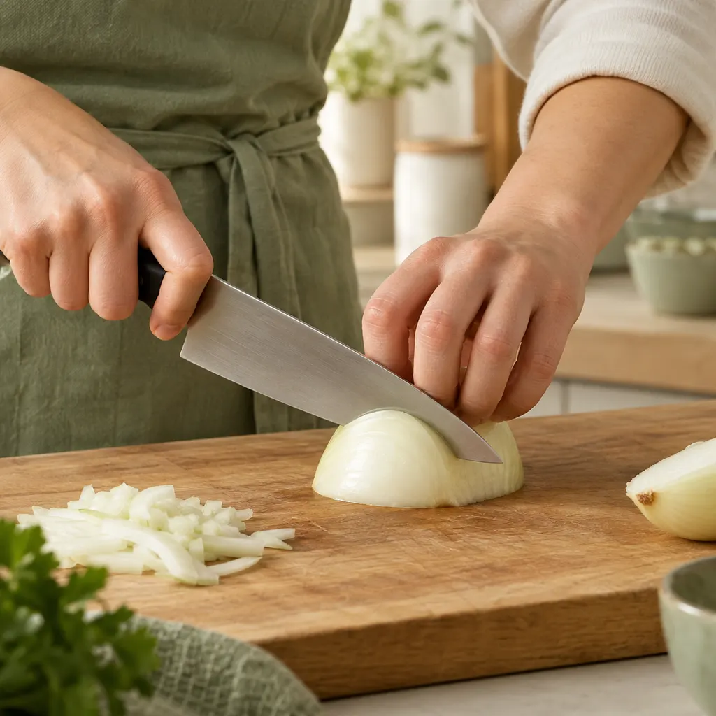 Hands showing a pinch grip on the knife and a claw grip guiding the blade along an onion
