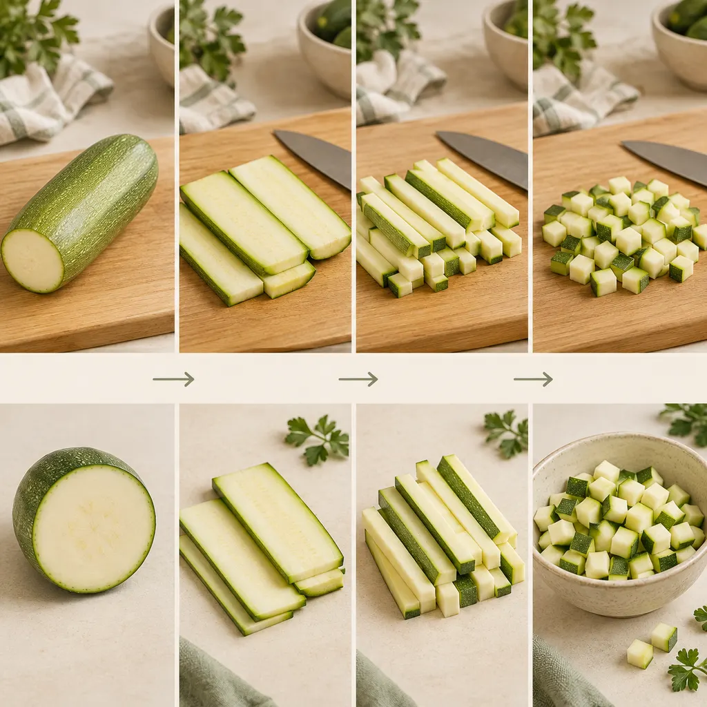 Diagram showing a vegetable cut flat, then into planks, sticks and even cubes