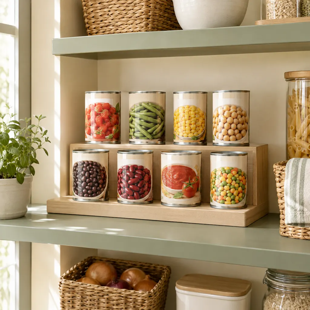 Pantry can organization on a tiered riser with unbranded can labels facing forward on a cream and sage shelf