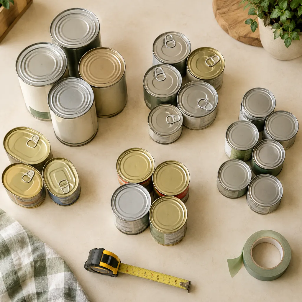 Unbranded cans sorted into groups on a counter next to a tape measure during a pantry audit