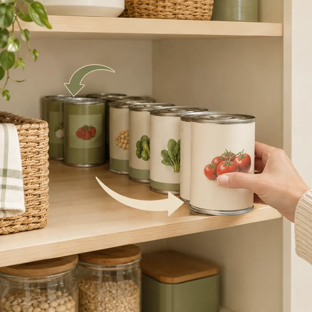 Diagram of first-in, first-out can rotation with new cans loaded at the back of a shelf