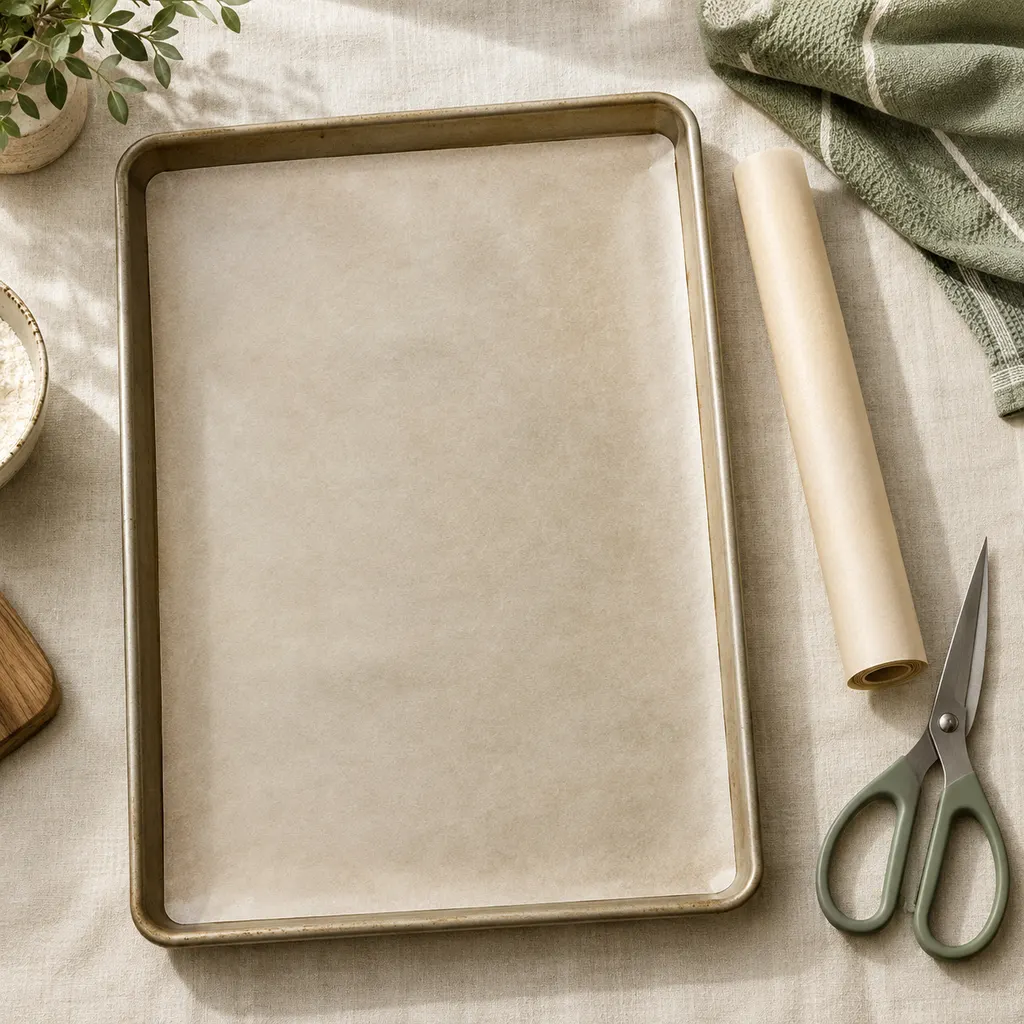 Sheet pan lined with trimmed parchment paper, showing how to avoid parchment paper cooking mistakes