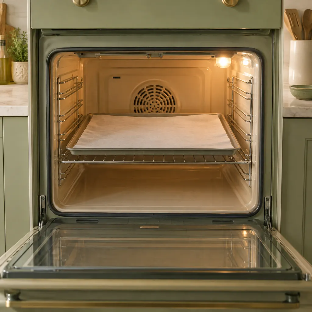 Parchment-lined baking sheet on the middle oven rack with no paper hanging over the edges