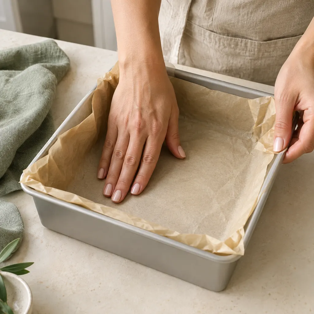 Hands pressing crumpled and flattened parchment paper into the corners of a square cake pan